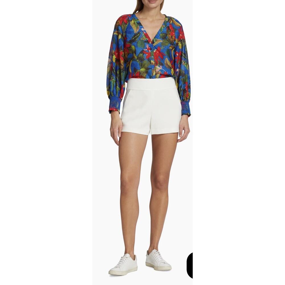 ALICE + OLIVIA Ladies Blue tropical Floral Smocked silk blend Blouse medium - Picture 3 of 13